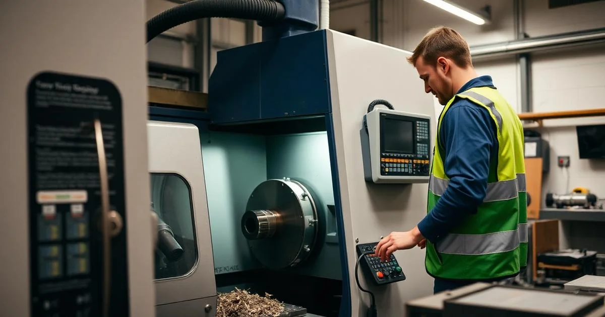 Technician in hi-vis operating a modern CNC lathe in a UK engineering workshop