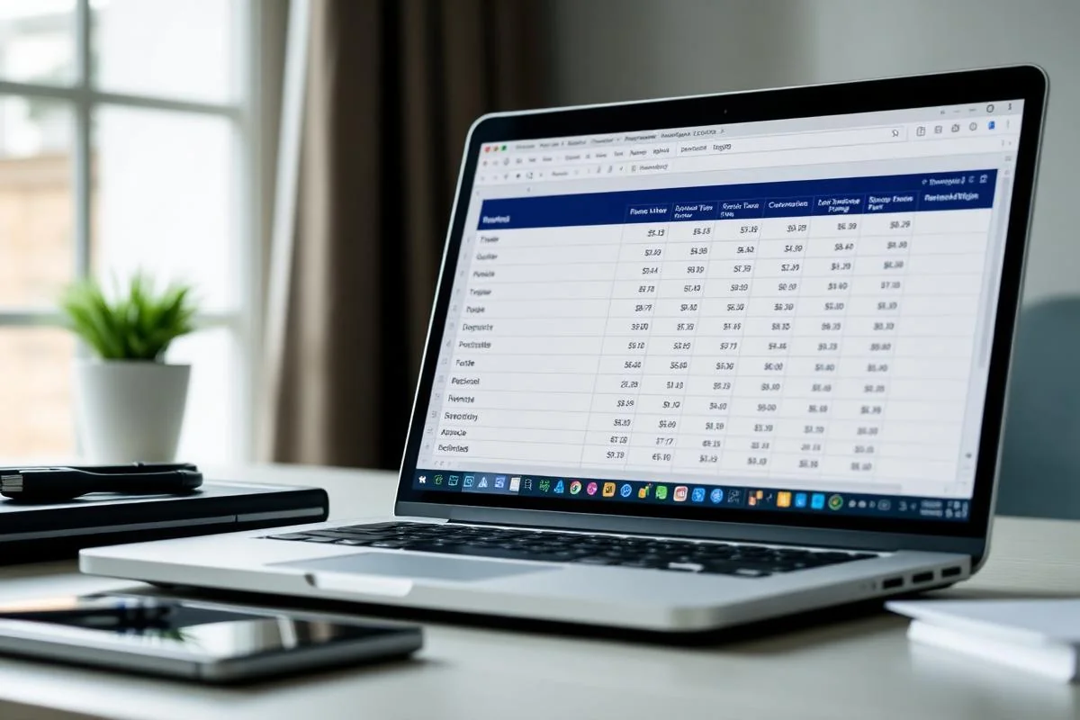 Modern laptop on a UK SME desk displaying a management accounts spreadsheet