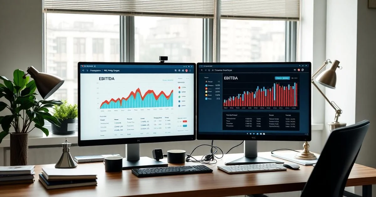 Modern UK office desk with dual monitors showing revenue and EBITDA dashboards