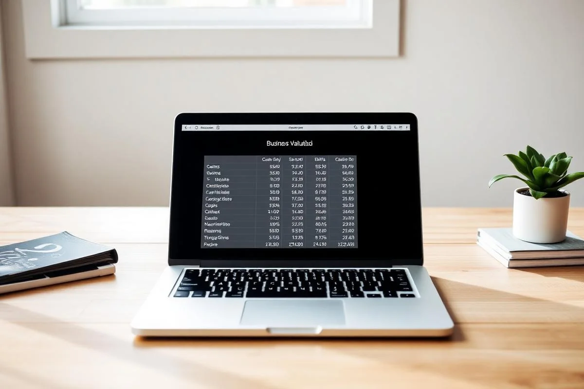 Laptop on a white oak desk displaying a business valuation spreadsheet