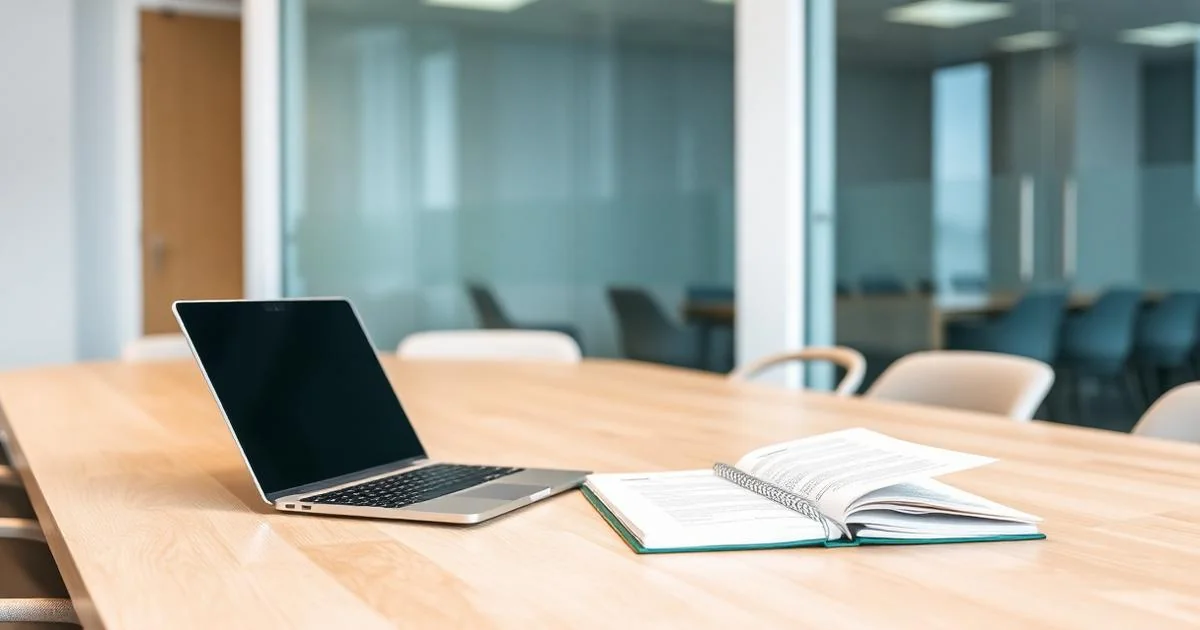 Modern UK meeting room with open laptop and printed wire-bound valuation report