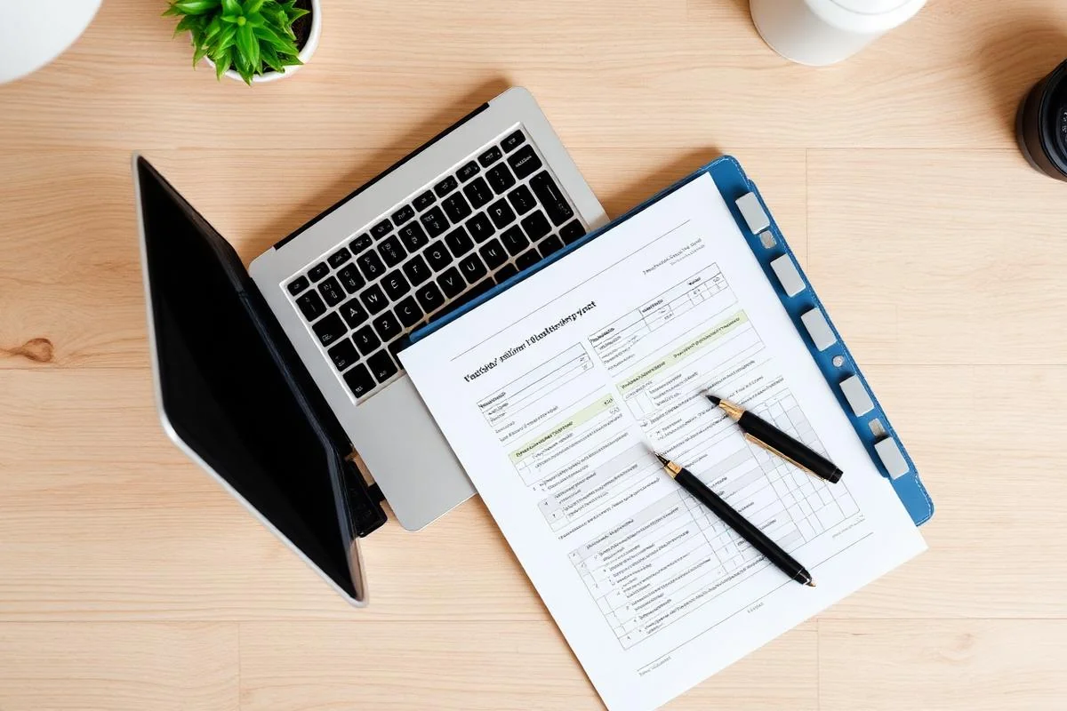 Overhead flat lay of laptop, printed valuation report with tab dividers and pen