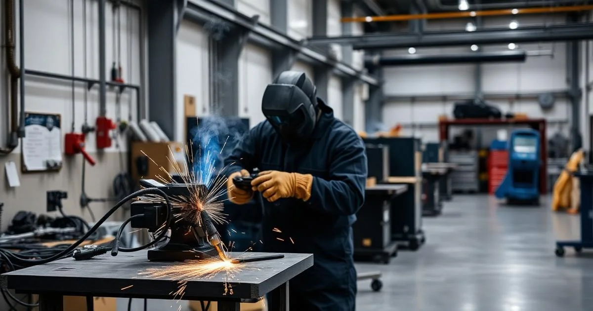 Welder in full PPE at a MIG welding station in a modern UK fabrication workshop