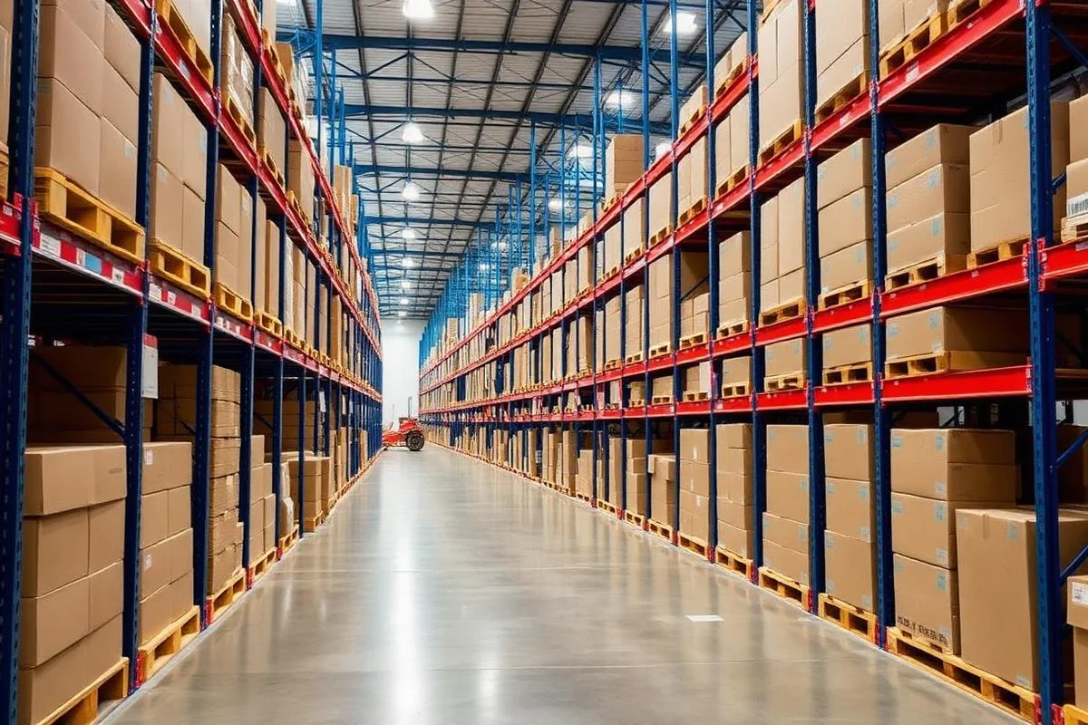 Blue pallet racking loaded with cardboard boxes in a modern UK distribution warehouse