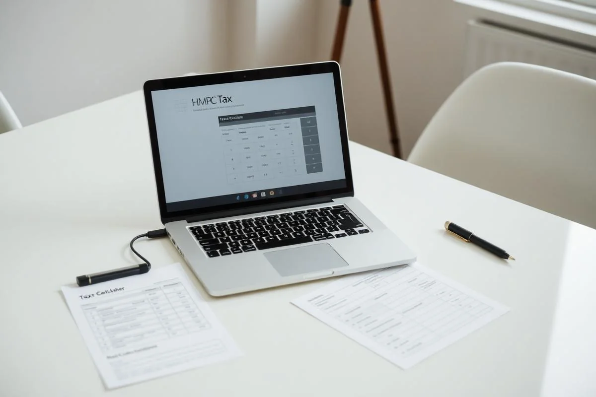 Modern desk with laptop showing an HMRC inheritance tax calculator alongside a printed Business Property Relief schedule