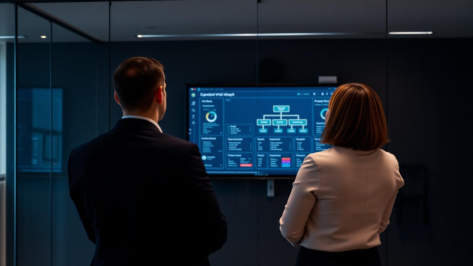 Two UK business owners viewed from behind reviewing operational KPIs and an organisation chart on a wall-mounted screen in a modern glass-walled office