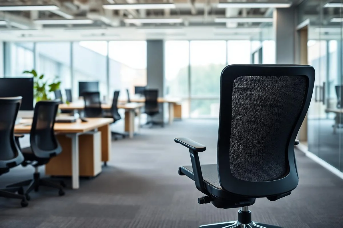 Empty ergonomic mesh chair in a modern UK open plan office with monitor on standby
