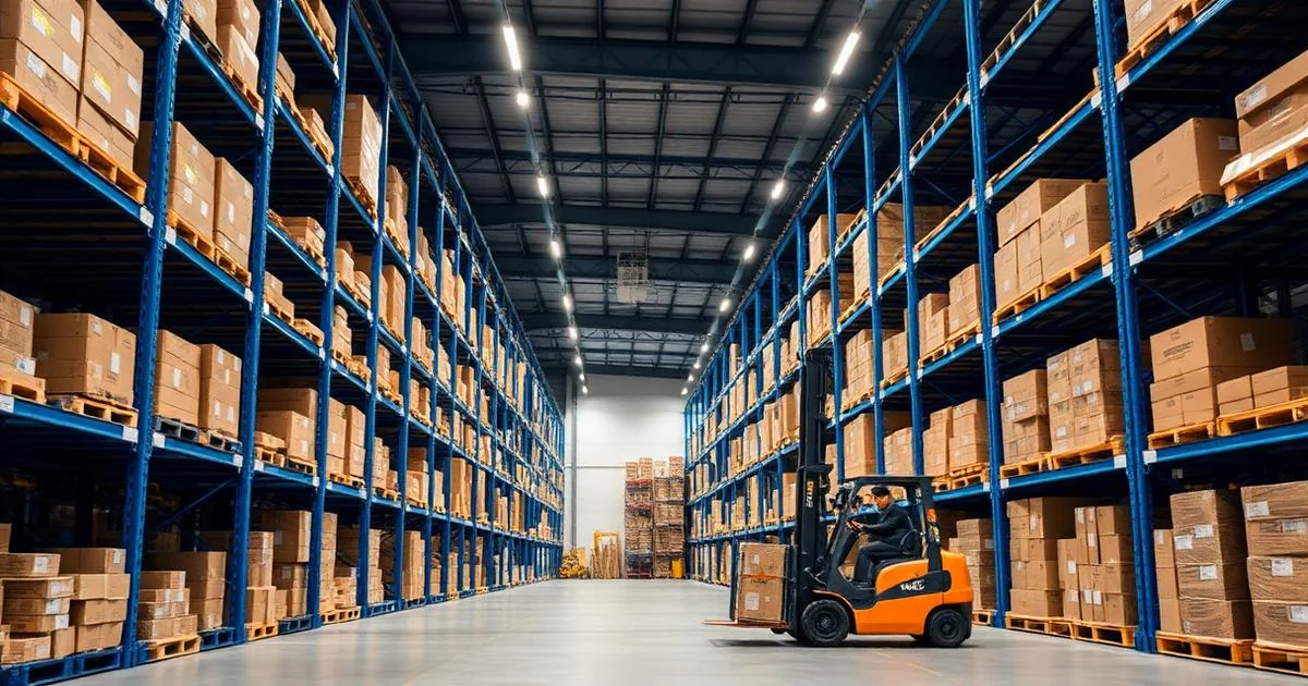 Modern UK distribution warehouse with tall blue pallet racking and forklift in aisle
