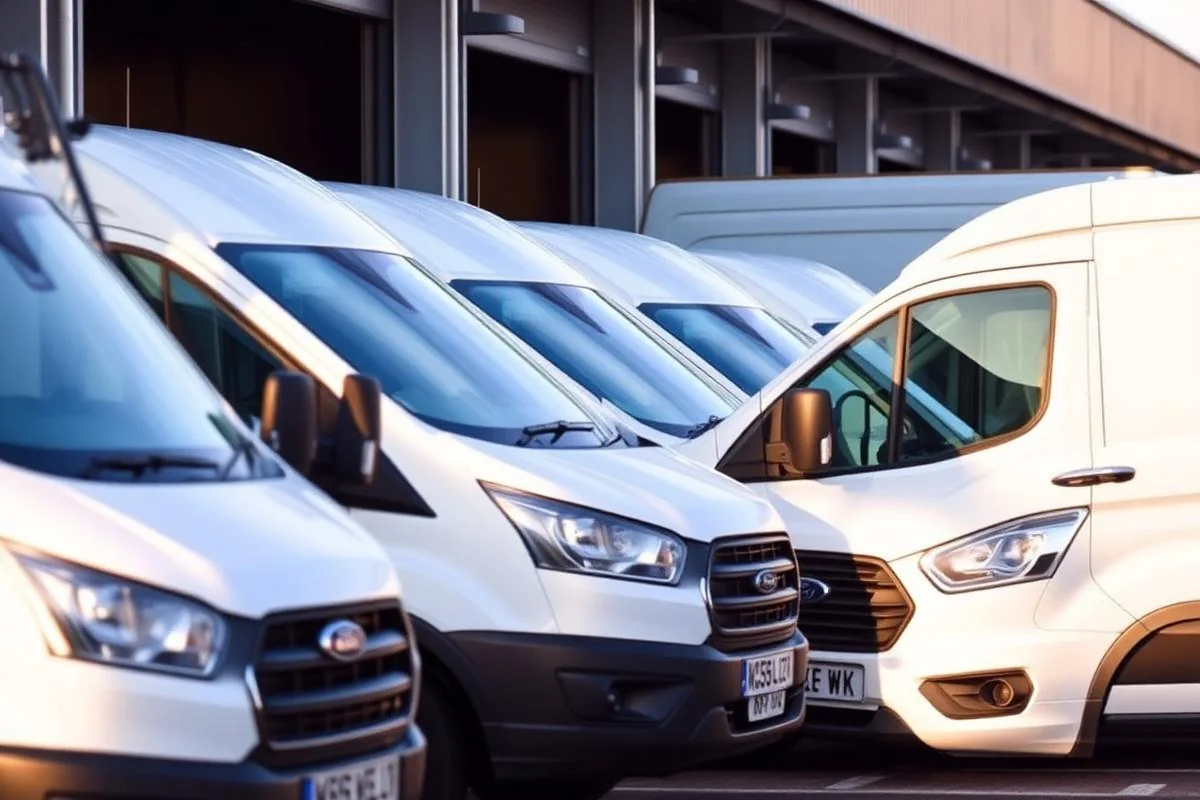Row of modern white Ford Transit fleet vans at a UK depot loading bay in morning light