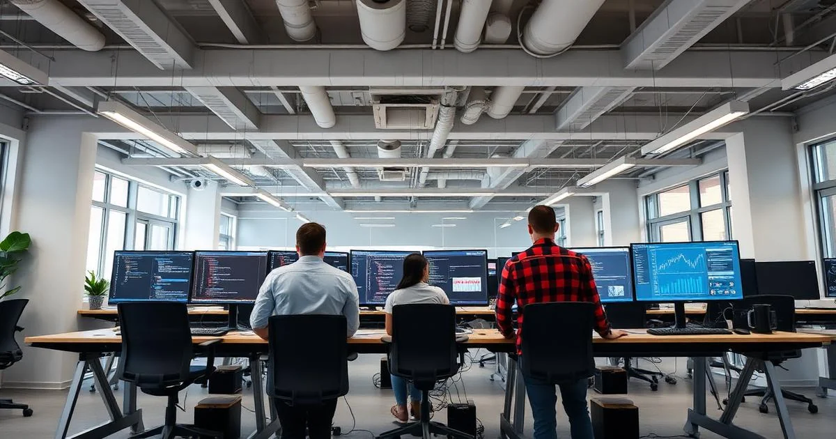 Developers at standing desks with wide monitors showing code and dashboards in a UK tech office