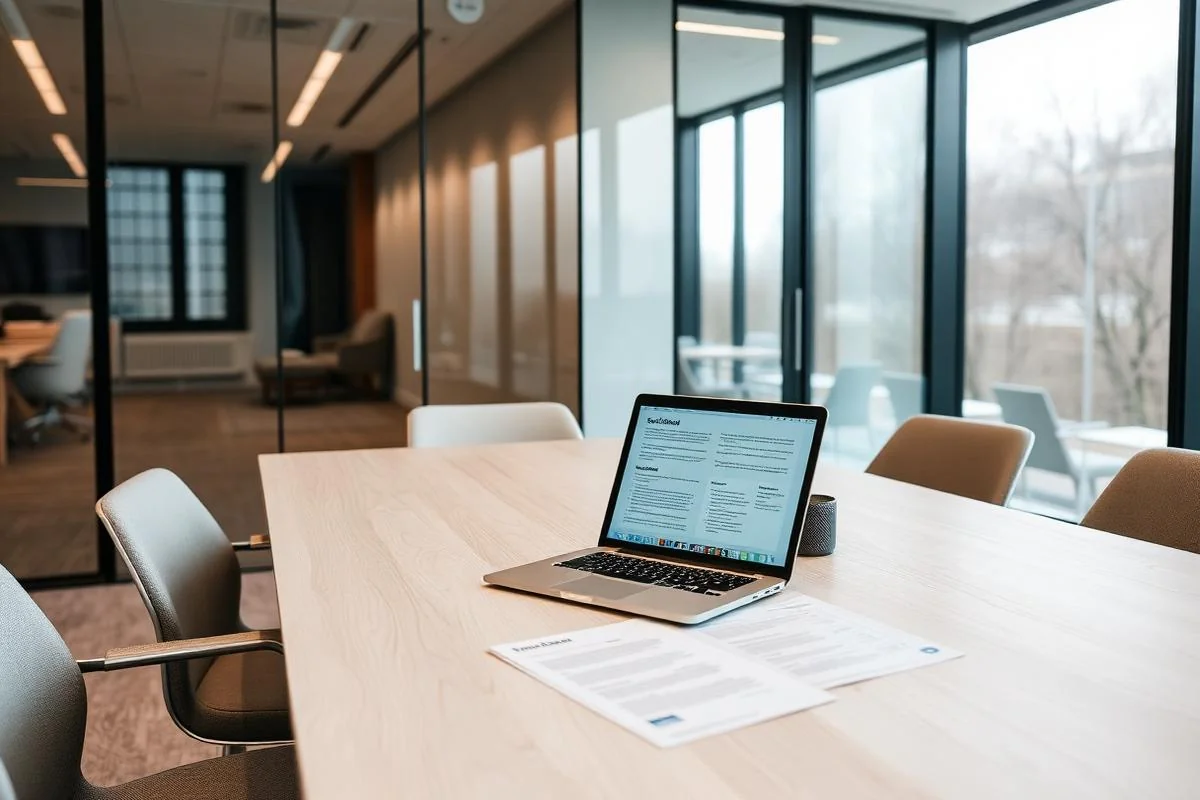 Laptop and printed share option scheme documents in a modern glass-walled UK tech meeting room