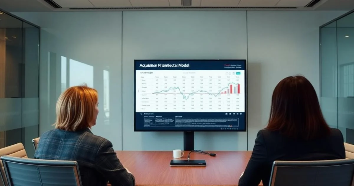 Two professionals viewing an acquisition financial model on a wall screen in a modern UK boardroom