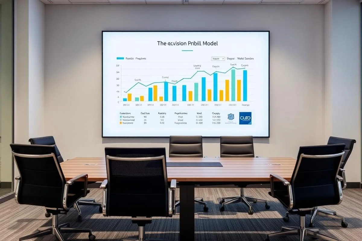Modern UK meeting room with wall-mounted screen showing an acquisition model with charts