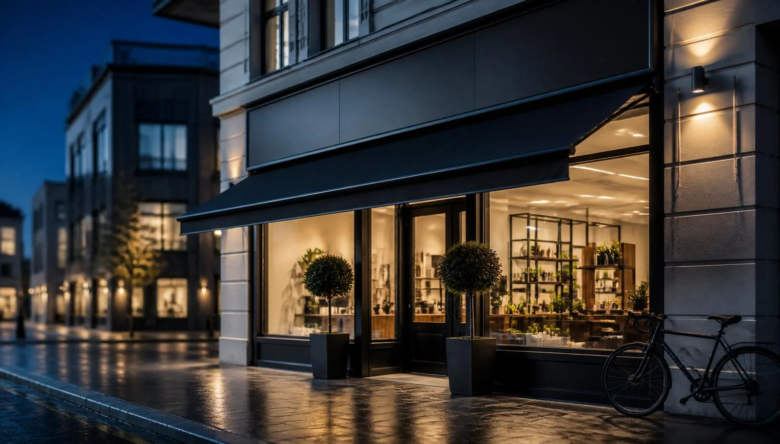 Contemporary UK independent shopfront at blue hour dusk with warm interior lighting, matte black frame and clipped bay trees, no signage