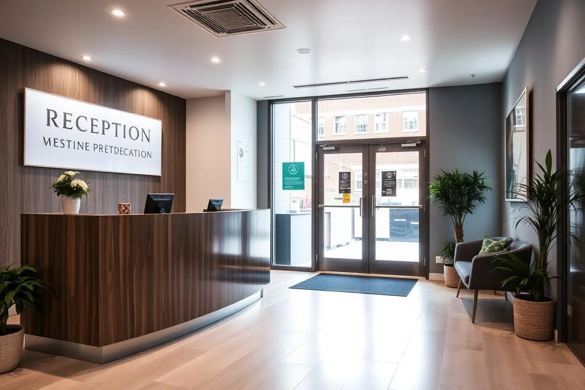 Modern UK SME reception area with contemporary reception desk and clean branded signage