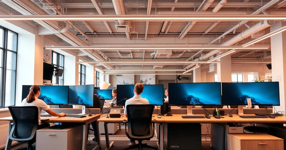 Modern UK SME open plan office with staff working at contemporary workstations and monitors