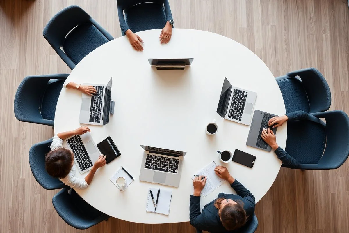 Overhead view of a modern meeting table with laptops, coffee cups and notepads