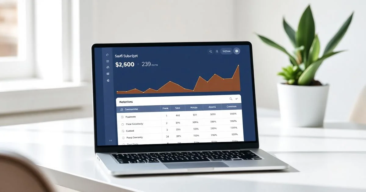 Laptop on a modern desk displaying a SaaS subscription dashboard with MRR chart