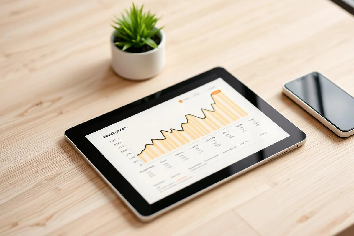 Tablet on a modern white oak desk displaying a subscription revenue growth chart