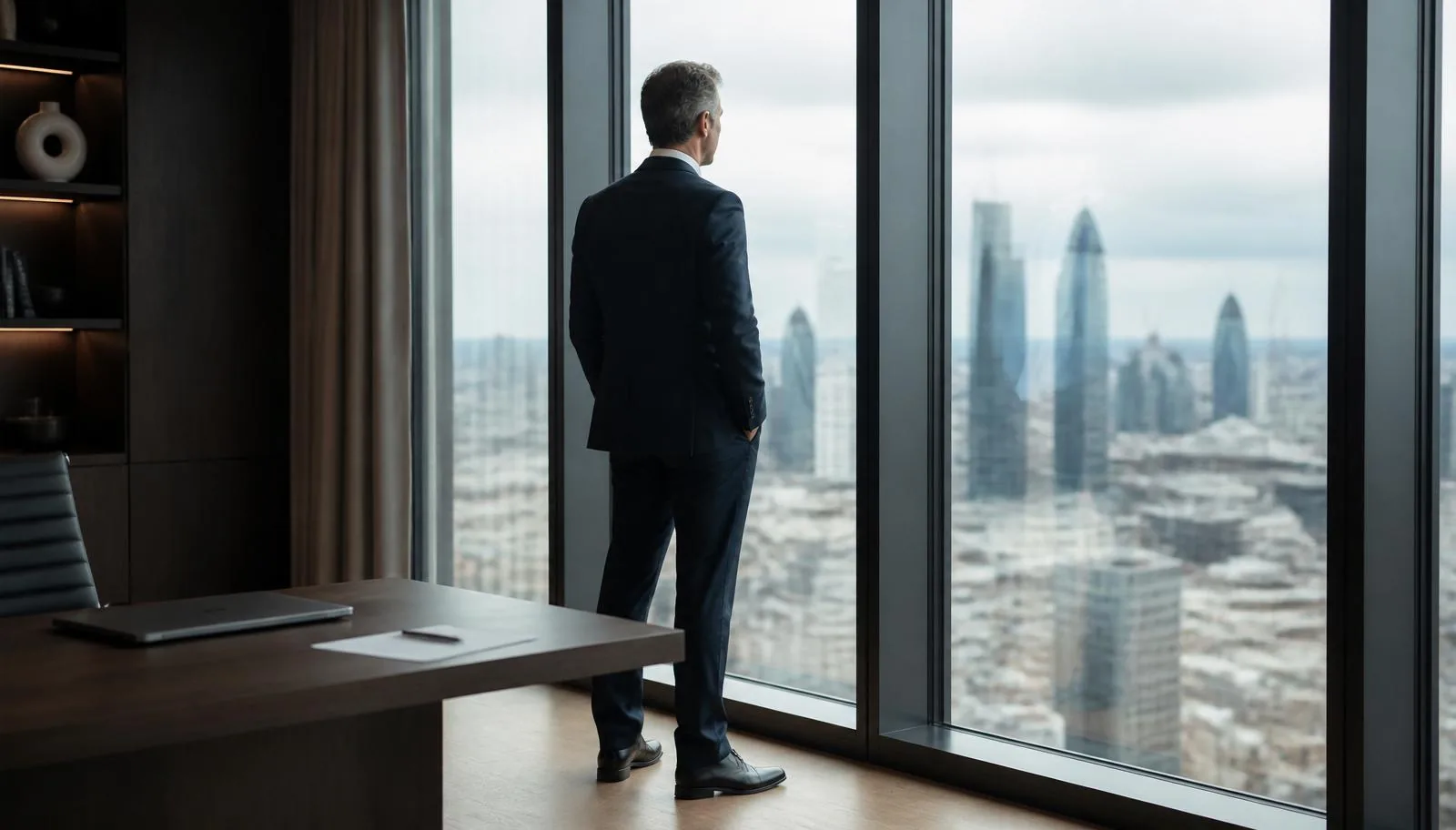 UK business owner in a tailored navy suit standing at a high rise office window, viewed from behind, contemplating a sale while looking over a modern city skyline
