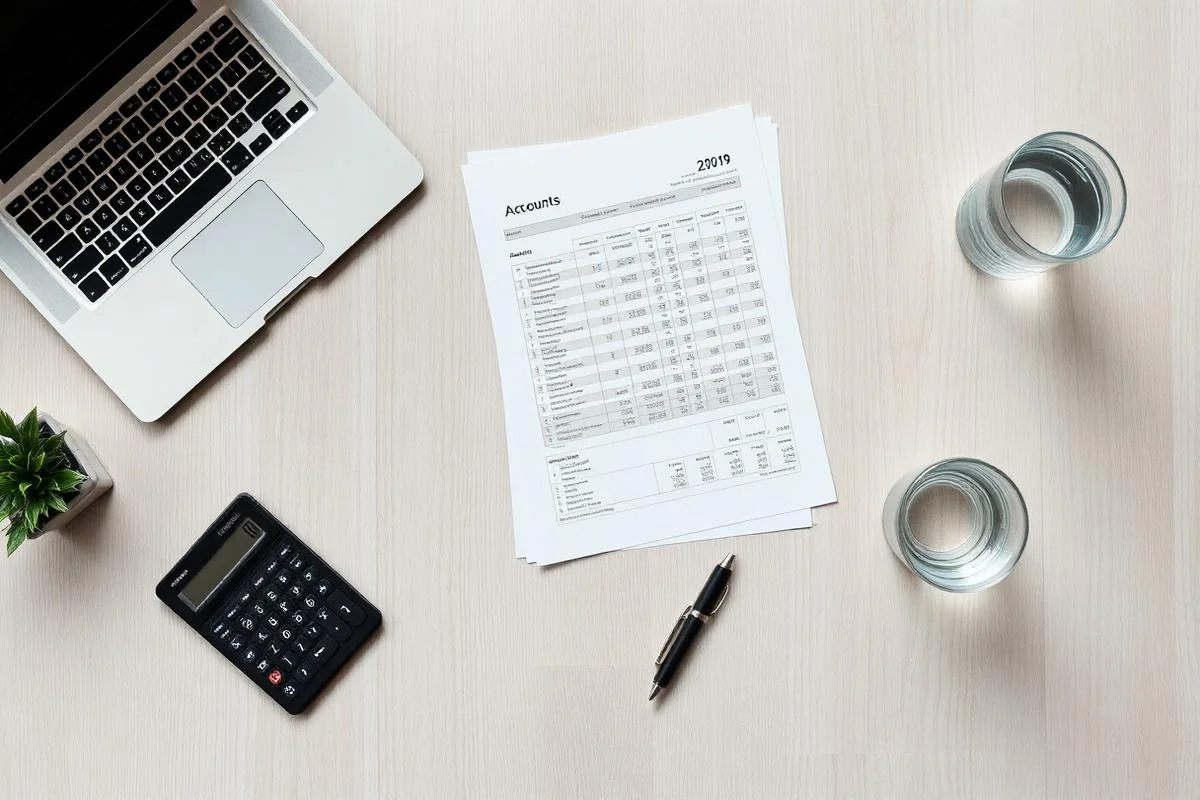 Overhead flat lay on modern oak desk of laptop, printed accounts, calculator and pen