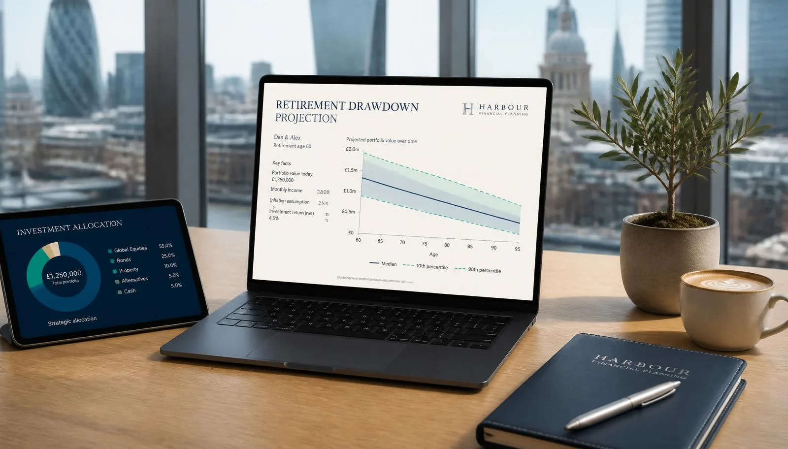 Modern UK financial planning desk with laptop displaying pension and retirement projection charts