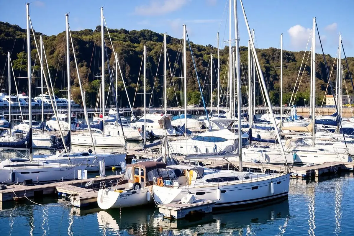 Contemporary sailing yachts moored at a modern UK coastal marina in daylight
