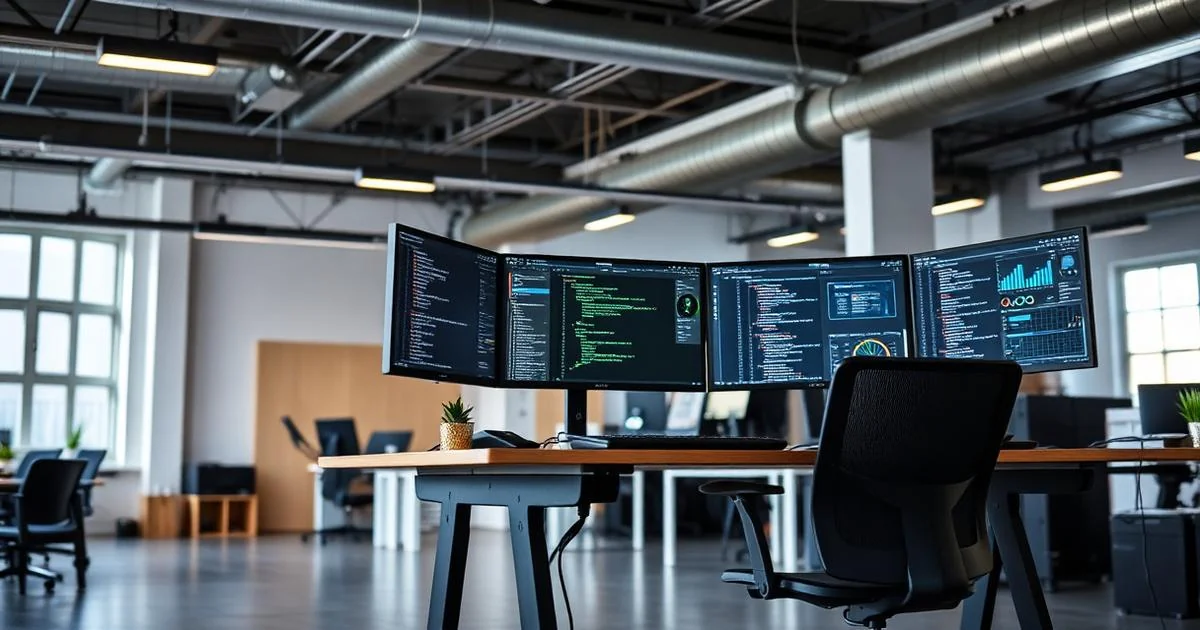 Modern UK tech company workspace with developer at standing desk and multi-monitor setup