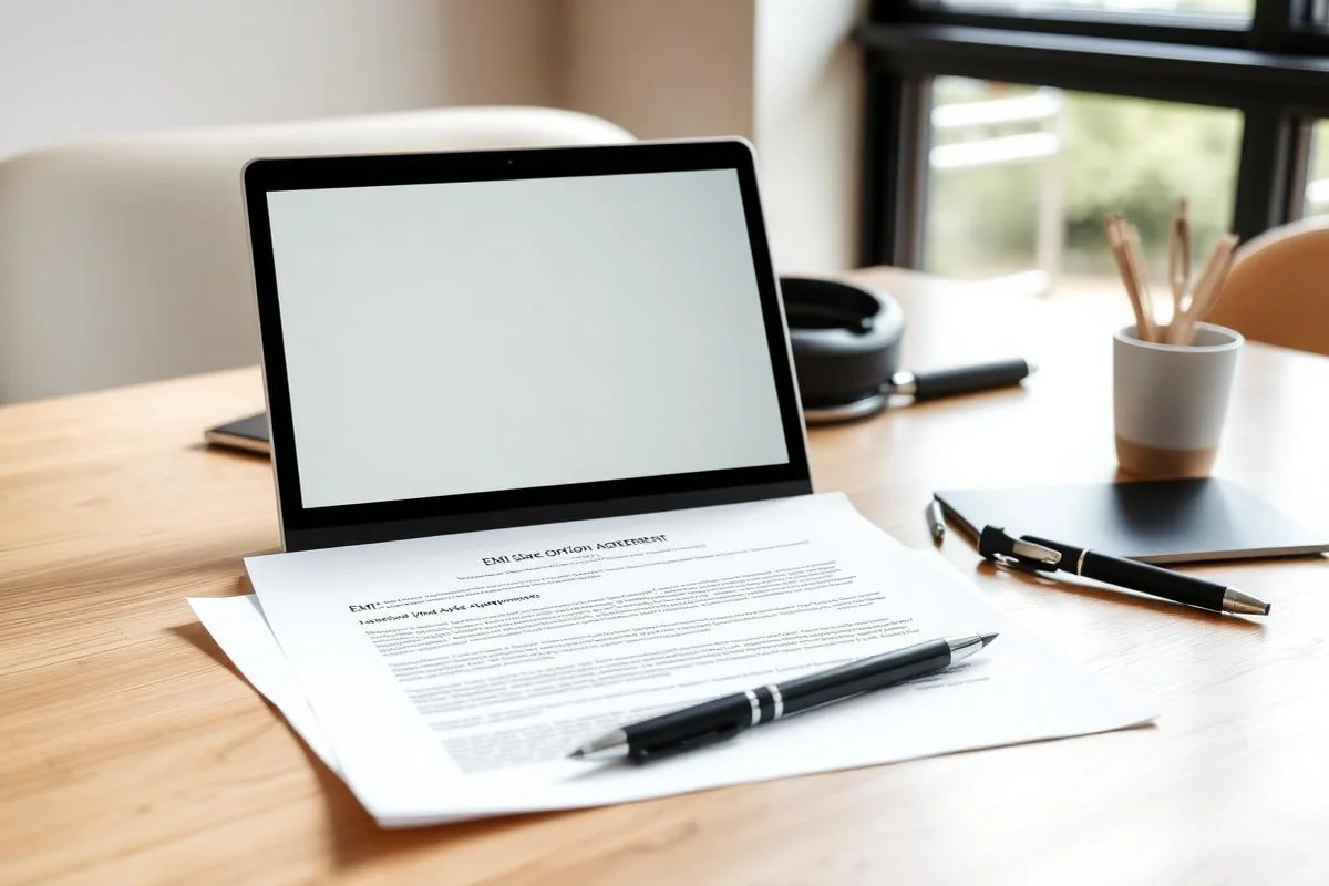 Modern desk with laptop and printed EMI share option agreement alongside pen
