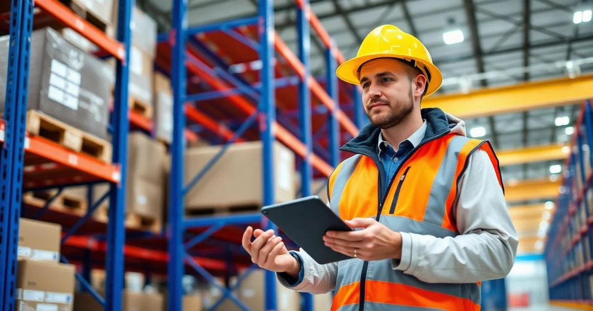 Warehouse operative in hi-vis with tablet beside labelled blue pallet racking in a modern UK warehouse