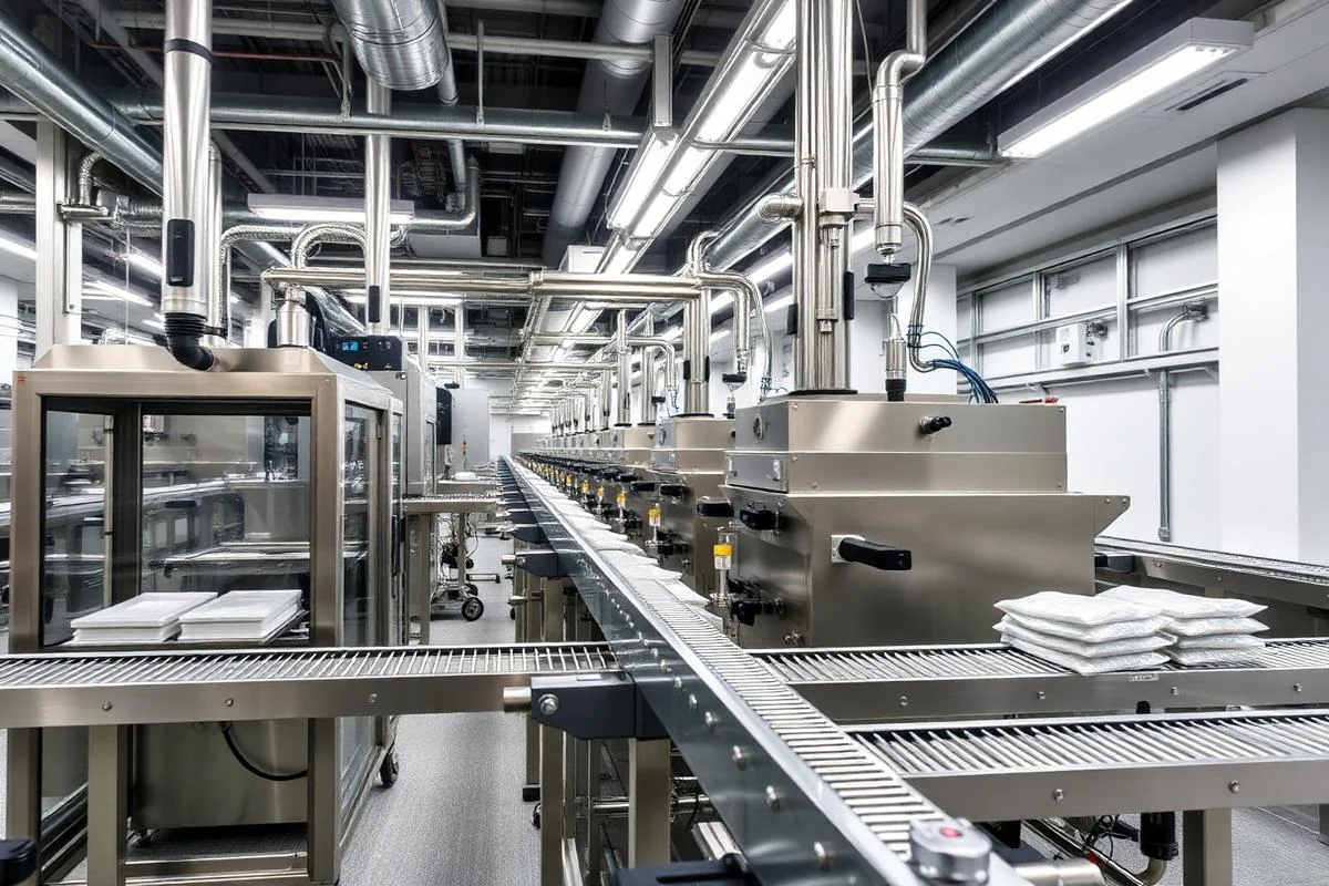 Modern UK SME production line with clean stainless steel packing equipment under LED lighting