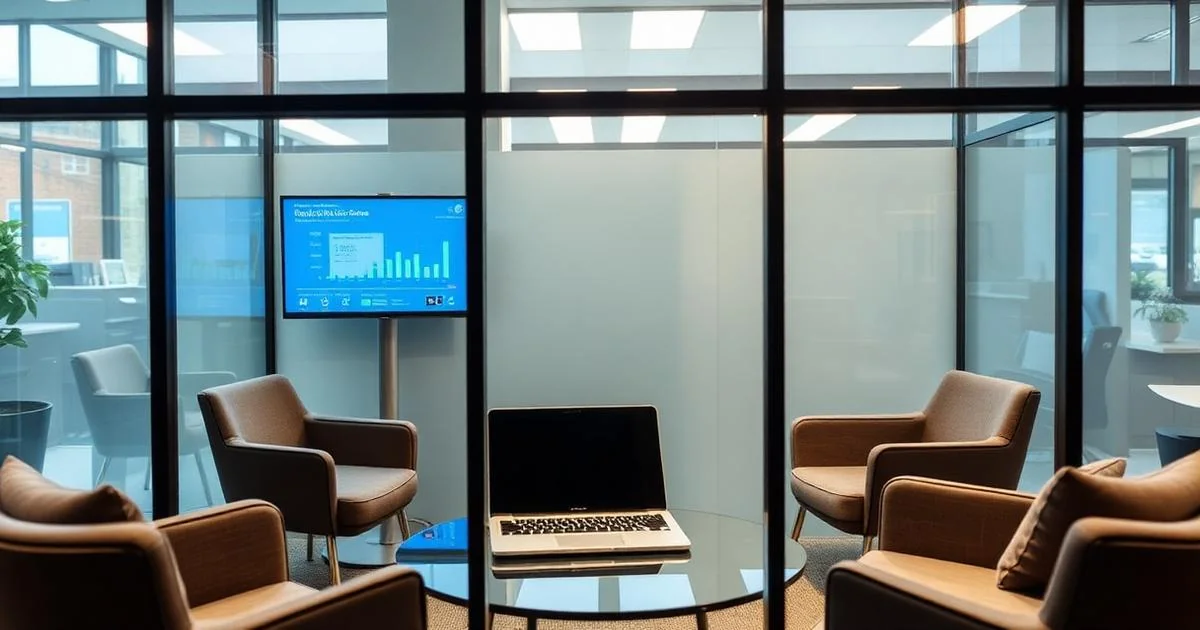 Modern UK tech company glass-walled meeting pod with laptop showing a share option valuation model