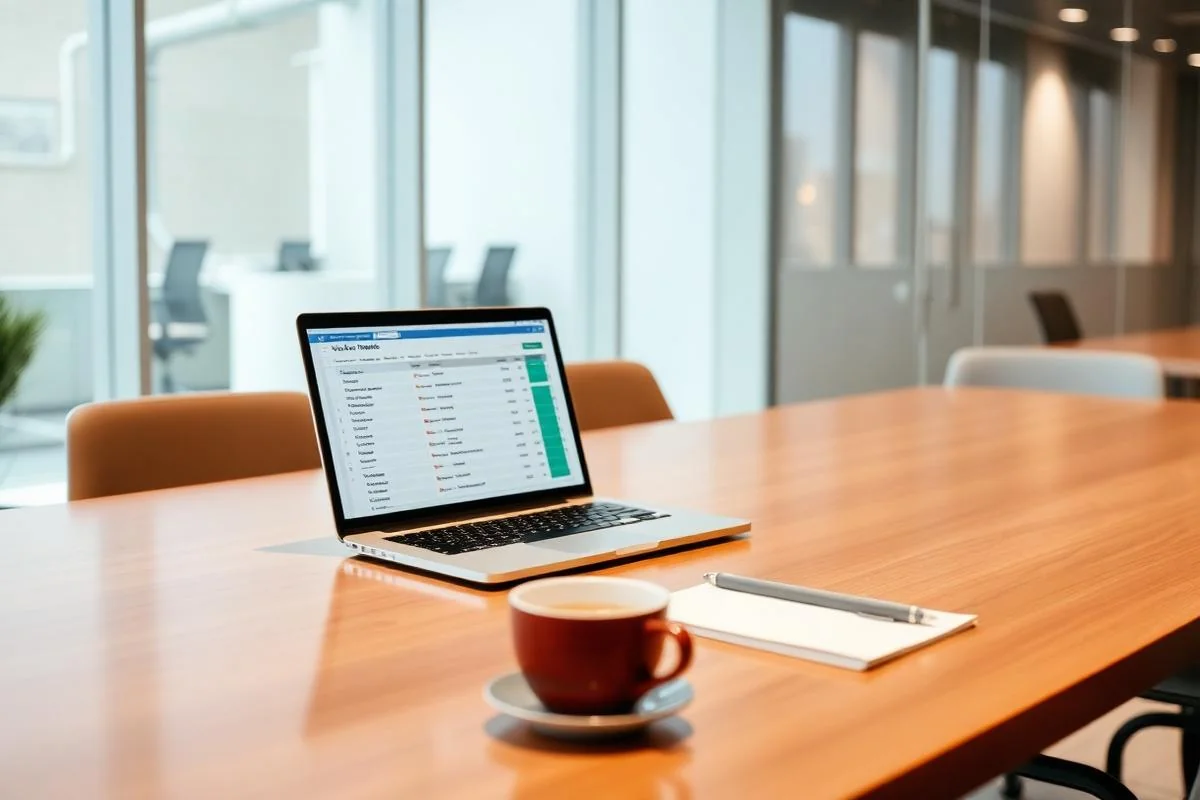 Modern conference table with laptop displaying a valuation model spreadsheet and notepad