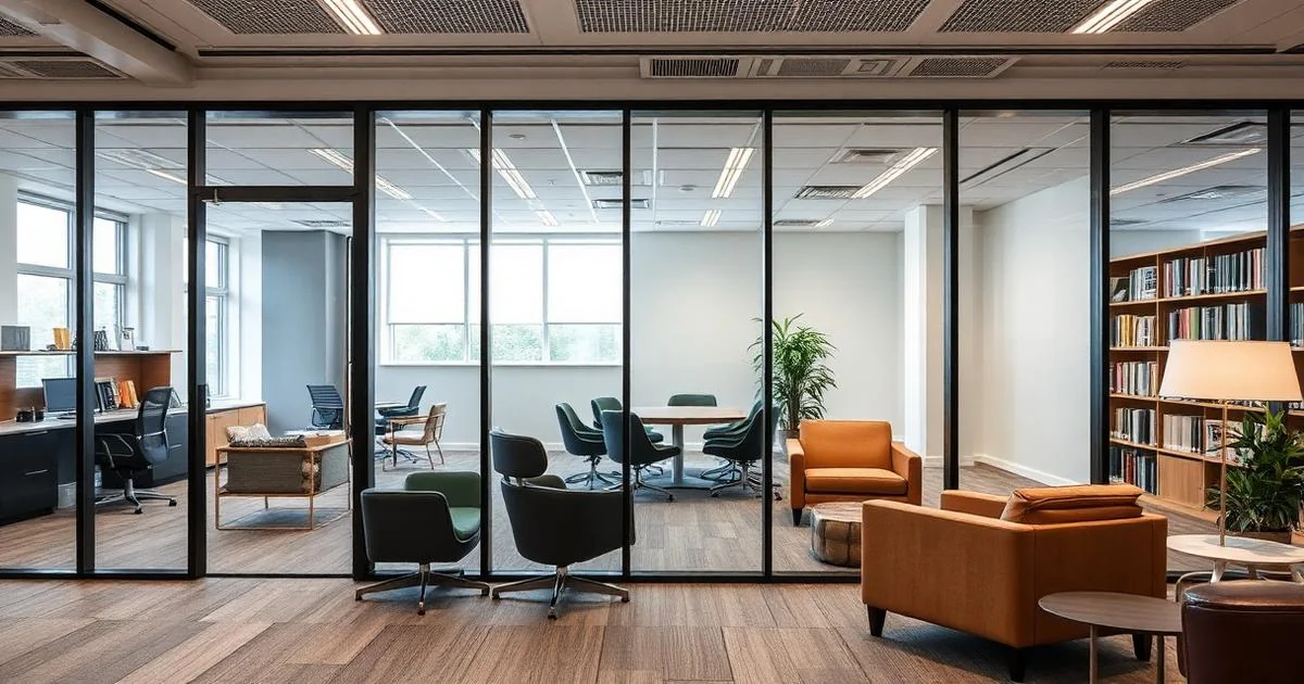 Modern UK professional services office with glass-partitioned meeting rooms and contemporary furniture