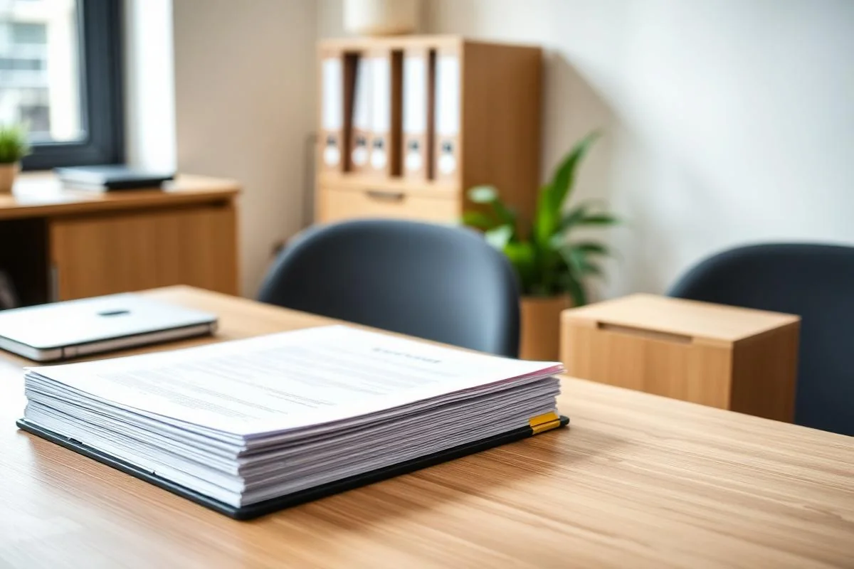 Modern desk with laptop and bound formal report with coloured tab dividers