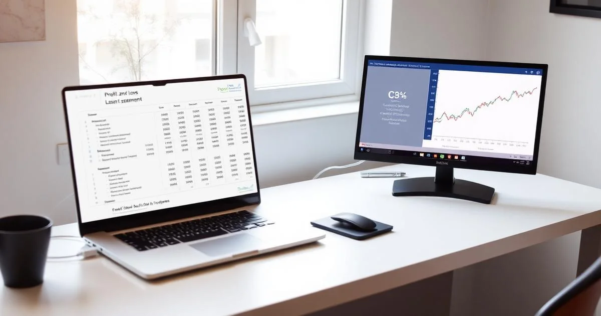 Modern desk with laptop and second monitor showing profit and loss and cash flow forecast