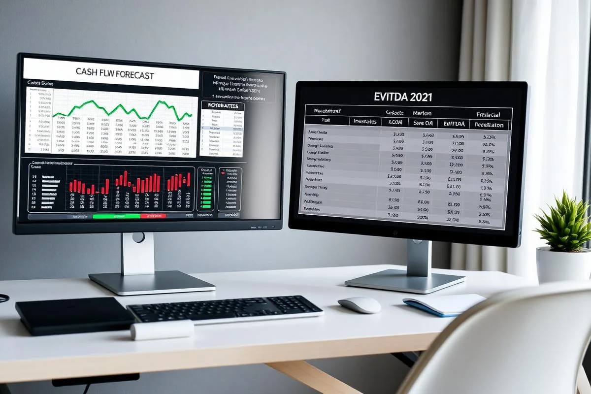 Dual monitor setup showing detailed cash flow forecast and EBITDA reconciliation on a modern desk