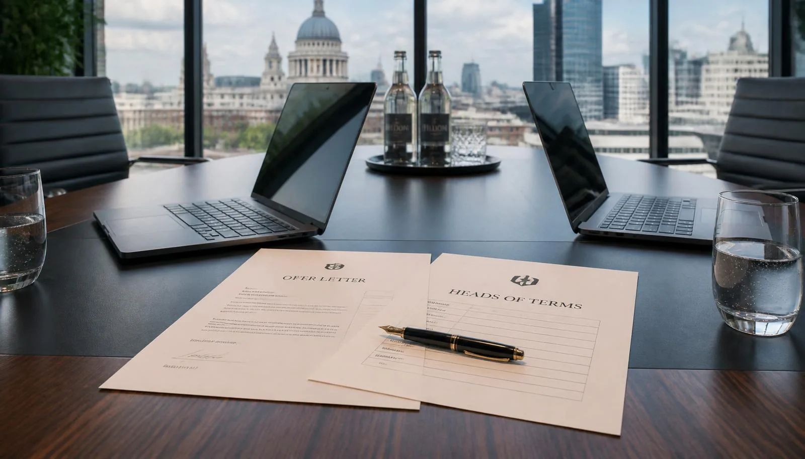 Modern UK boardroom with contemporary conference table, laptop and printed heads of terms