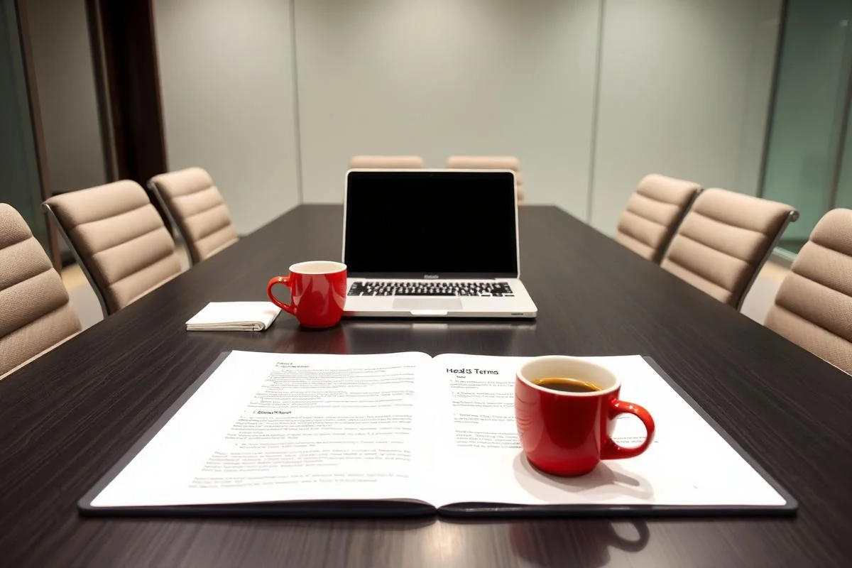 Modern meeting room with two coffee cups, laptop and printed heads of terms document